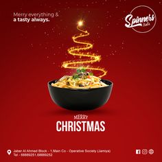 a bowl of food with a christmas tree on it and the words merry christmas written in red