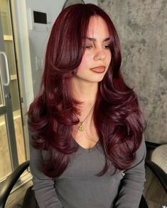 Deep Red Burgundy Hair Color, Merlot Red Hair, Dark Dark Red Hair, Red Hair With Layers, Red Dark Hair, Cherry Wine Hair Color, Cherry Cola Red Hair, Dark Cherry Red Hair, Red Wine Hair Color