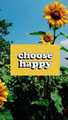 sunflowers with the words choose happy written on them in front of a blue sky