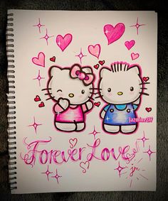 a drawing of two hello kitty girls with hearts and the words forever love written on it