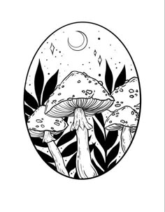 a black and white drawing of mushrooms in the woods with leaves around them, under a full moon