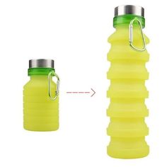 a yellow water bottle with a metal carabiner hanging from it's side