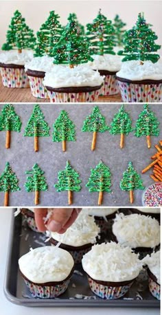 cupcakes decorated with christmas trees and carrot sticks