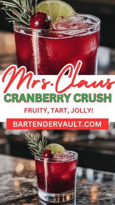 two cranberry crush cocktails with rosemary garnish on the rim and text mr claus cranberry crush fruity tart, jolly