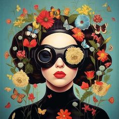 a painting of a woman with flowers in her hair and glasses on her head, surrounded by butterflies