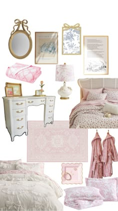 a collage of pink and white bedroom decor