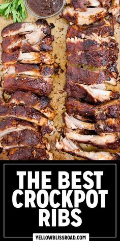 the best crockpot ribs with sauce on top and an image of two sides