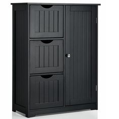 a black storage cabinet with three drawers on the bottom and one door open to reveal its contents