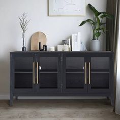 a black cabinet with gold handles in a white living room next to a potted plant