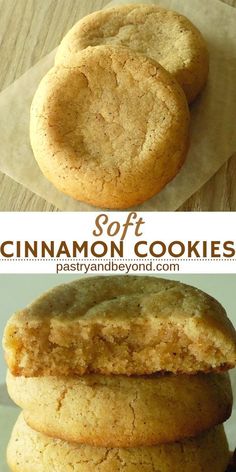 two cookies stacked on top of each other with the words cinnamon cookies in front of them