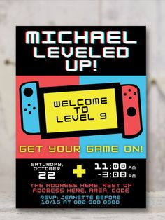 an image of a video game birthday party card with the text, welcome level 9 get your game on