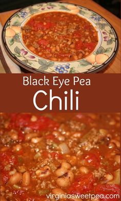 black eye pea chili in a bowl and on a plate with the title above it