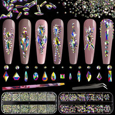 PRICES MAY VARY. ❤WHAT YOU WILL RECEIVE -- 1 Box of 6 Sizes Round AB Nail Crystal Rhinestones Beads (Totally About 1720 PCS); 1 Box of 12 Different Shaped Styles AB Stones Gem (About 120 PCS; 10 PCS for Each Shape); 1 PCS Rhinestone Picker Pencil; 1 PCS Tweezer. The Well Equipped Rhinestone Set Is Suitable for Both Professional Nail Technician and Inexperienced Starter for Nail Art. ❤BRIGHT & VIBRANT SPARKLE -- The Nail Crystal Is Made of High Quality Glass And Has Delicate and Exquisite Shine. Gem Stone Jewelry, Crystal Nail Art, Shapes 3d, Manicure Diy, Gem Nails, Nail Art Rhinestones, Crystal Nails, Nail Art Accessories, Bling Nails