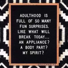 a black and white sign with words on it that says, adulthood is full of so many fun surprises like what will break today an appliance?