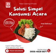 an advertisement for a restaurant called konsunsi acara with rice and vegetables