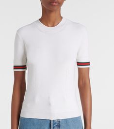 Web Stripe wool top in white - Gucci | Mytheresa Gucci Summer Workwear Tops, Summer Fitted Gucci Tops, Casual Gucci Tops For Work, Gucci Fitted Tops For Spring, Fitted Gucci Tops For Spring, Spring Chic Gucci Top, Chic Gucci Tops For Spring, Gucci Classic Short Sleeve Top, Classic Gucci Short Sleeve Top