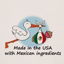 a stork carrying a baby in a bag with mexican ingredients written on it