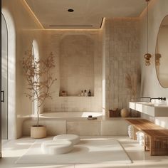 a bathroom with a large bathtub, sink and wooden bench in the middle of it