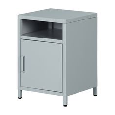 a small gray cabinet with one door open