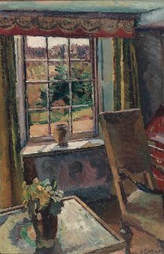 a painting of a living room with a table and chair in front of a window