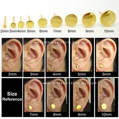 the different types of ear piercings are shown in various sizes and colors, including gold or silver