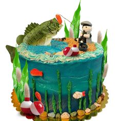 a birthday cake decorated with an image of a fisherman and fish