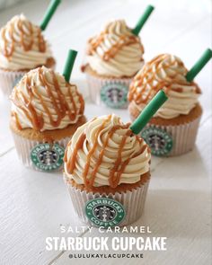 starbucks cupcakes with caramel and whipped cream drizzled on top