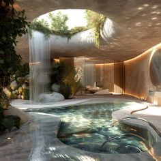 an indoor swimming pool with waterfall and spa tub in the middle, surrounded by greenery