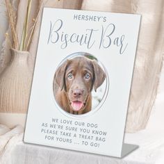 there is a sign that says biscuit bay with a dog's face on it