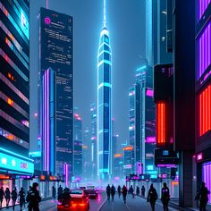 people are walking on the street in front of tall buildings at night time with neon lights