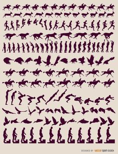 the silhouettes of people and animals are shown in this graphic art work, which depicts different