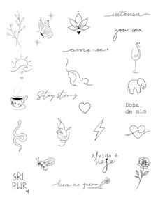 some drawings that are on top of a white sheet with words and symbols in black ink