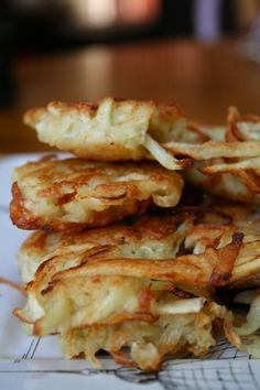 some fried food is stacked on top of each other