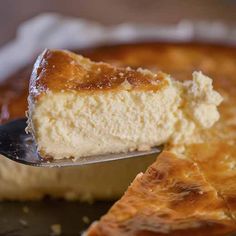 a piece of cheesecake being lifted from a pie pan with a fork in it