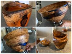 four pictures of different types of wooden bowls and spoons on a counter top, including one with blue glass in the center