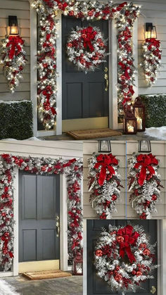 christmas wreaths are hung on the side of a house with red and white decorations