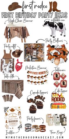 the first birthday party ideas for kids and adults are shown in this graphic style, with pictures