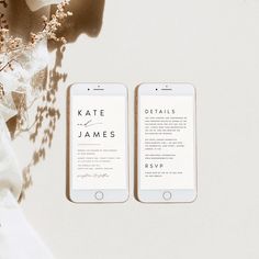 two iphones sitting next to each other on top of a white cloth covered table