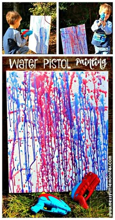 Water pistol painting is a fun outdoor painting technique for kids. This art activity is perfect for the Summer and suitable for preschoolers upwards. Kids art inspired by the famous artist Jackson Polluck. Outdoor Painting, Filled Balloons, Kids Painting, Outdoor Activities For Kids, Outdoor Paint, Art Activity, Art Activities For Kids, Summer Activities For Kids, Summer Ideas