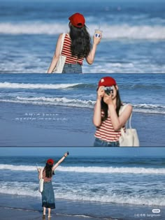 a woman standing on top of a beach next to the ocean holding a cell phone