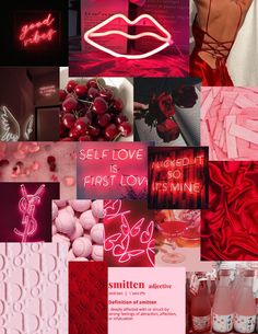 a collage of pink and red images with the words self love is first low in it's mine