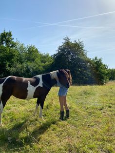 a brown and white horse standing on top of a grass covered field next to a woman