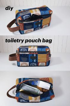 three different types of toiletry pouch bags are shown with the words diy on them