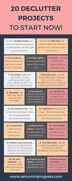 an info sheet with the words 20 declutter projects to start now on it