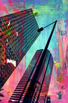 an abstract painting of two tall buildings