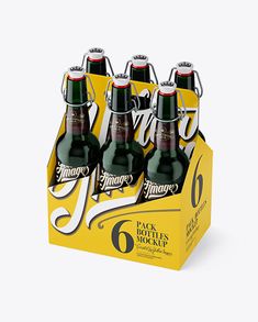 six bottles of beer in a yellow box