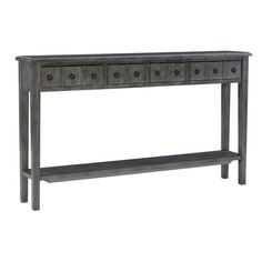 a gray console table with three drawers