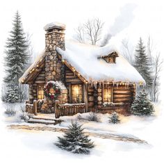 a painting of a log cabin with christmas wreaths and lights on the front door