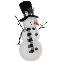 a snowman with a black hat and scarf on it's head is standing in front of a white background