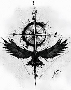 a black and white drawing of a cross with an eagle on it's wings